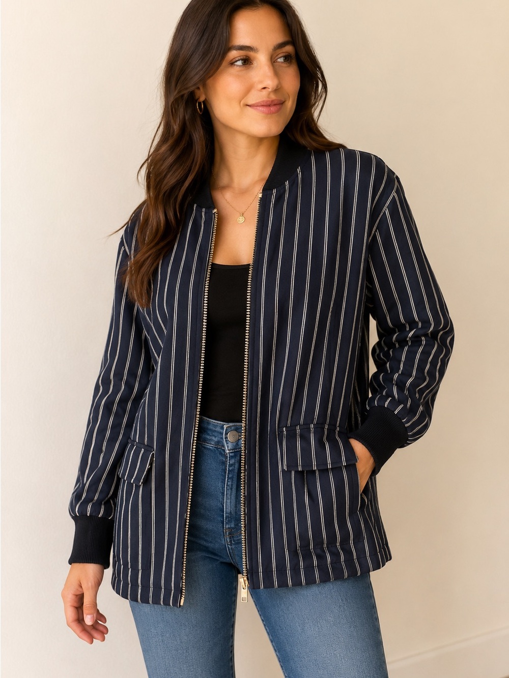 Rag& Bone 
Women's Navy Pinstripe Zip-Front Bomber Jacket